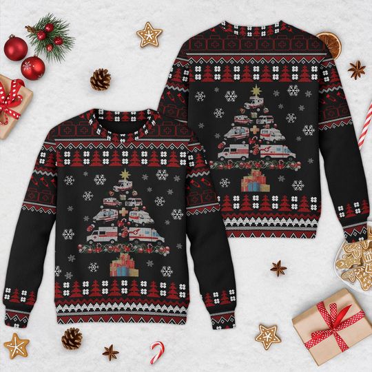 Paramedic Ambulance Ugly Christmas Sweater, Ambulance Christmas Tree Sweatshirt, Funny Xmas Ugly Sweater Paramedic Gift, Driver Xmas Shirt