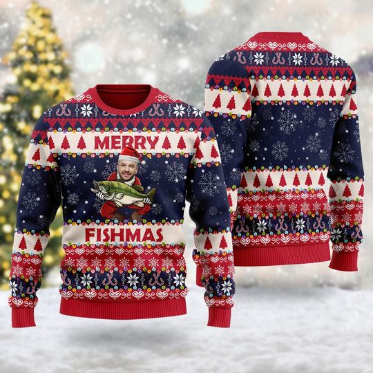 Merry Fishmas Christmas Ugly Sweater, Custom Photo Ugly Christmas Sweater, Fishing Xmas Sweatshirt, Christmas Gift For Men Women Kid