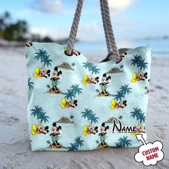 Personalized Mickey Mouse Hawaii Palm Tree Beach Bag, Mickey Mouse Tote Bag, Animated Movie Bag, Summer Vacation Gift For Mom, Daughter