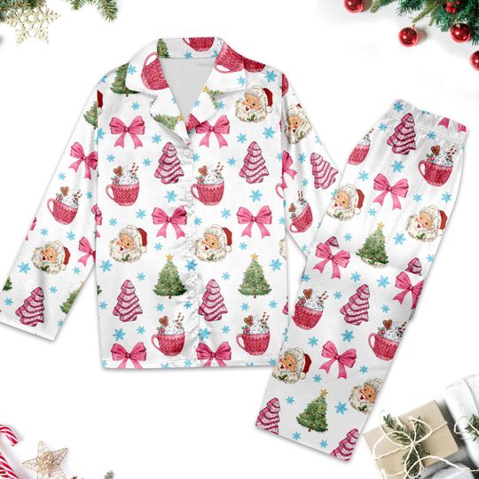 Coquette Christmas Santa Claus Pajama Set, Pink Santa Christmas Pajamas Set, Coquette Bow Santa Pyjamas, Xmas Holiday Family Matching Shirt
