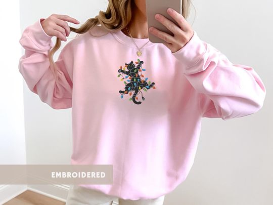 Black Cat Embroidered Sweatshirt Festive Lights Jumper Funny Holiday Jumper Cute Gift for Cat Lover Ugly Sweater Cozy Gift Cat Embroidery
