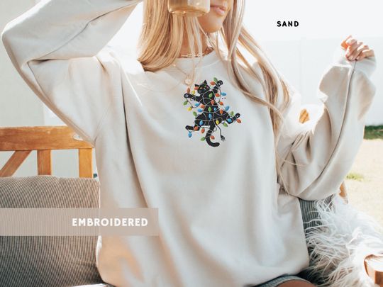 Black Cat Embroidered Sweatshirt Festive Lights Jumper Funny Holiday Jumper Cute Gift for Cat Lover Ugly Sweater Cozy Gift Cat Embroidery