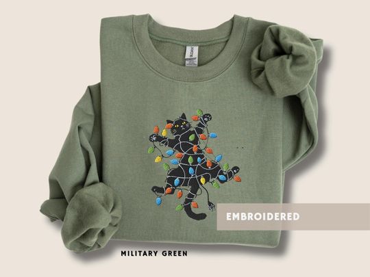 Black Cat Embroidered Sweatshirt Festive Lights Jumper Funny Holiday Jumper Cute Gift for Cat Lover Ugly Sweater Cozy Gift Cat Embroidery