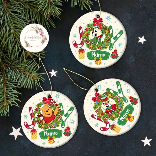 Personalized All Characters Joy Disney Christmas Ornament, Mickey and Friends Christmas Wreath