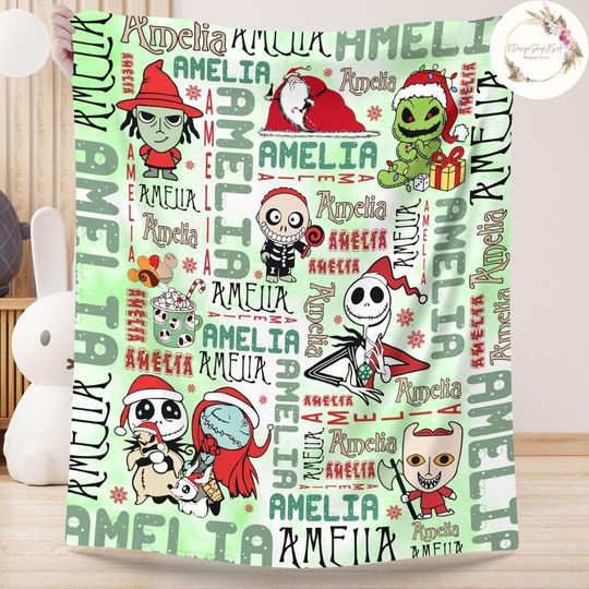 Personalized The Nightmare Before Christmas Blanket, Disney Christmas Home Decor, Jack Skellington Sally Oogie Boogie Lock Shock Barrel Gift