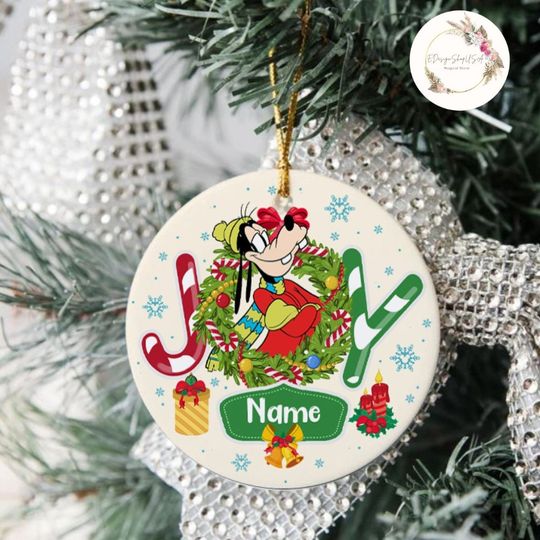 Personalized All Characters Joy Disney Christmas Ornament, Mickey and Friends Christmas Wreath