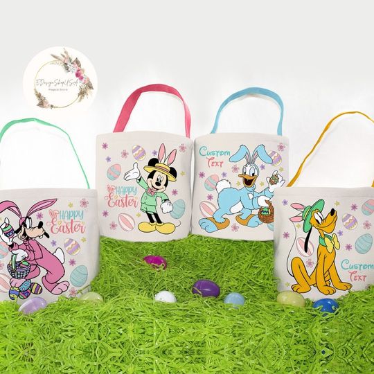Personalized All Characters Disney Easter Basket, Mickey and Friends Bunny Easter Egg Hunt Basket, WDW Disneyland Family Happy Easter Decor