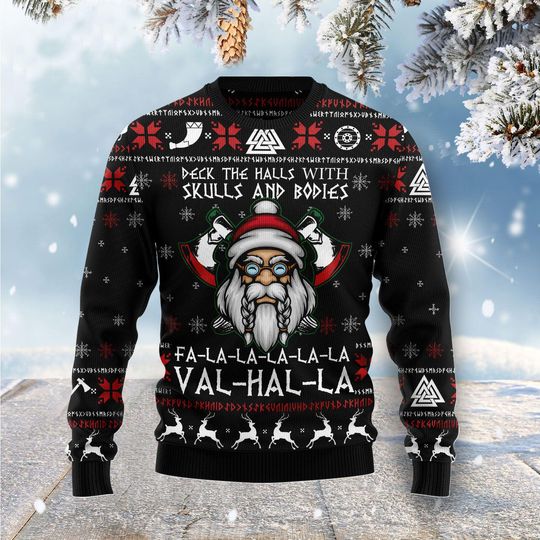 Viking Valhalla Christmas Sweater Funny Skull Santa Custom Face Pullover