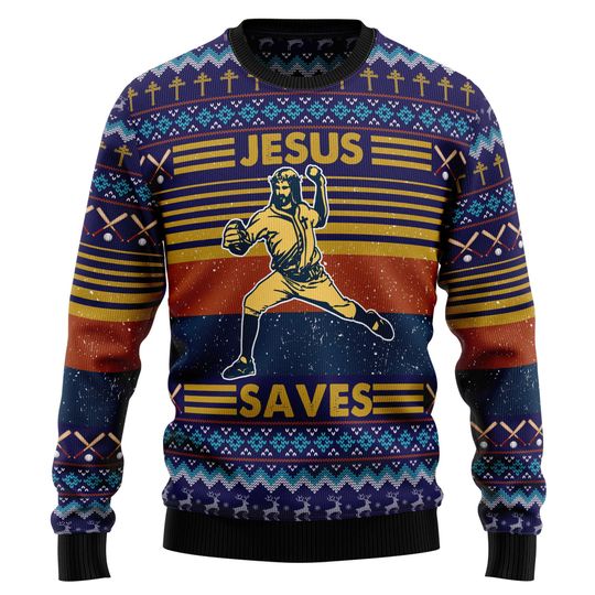 Jesus Saves Christmas Sweater, Funny Christian Baseball Pullover