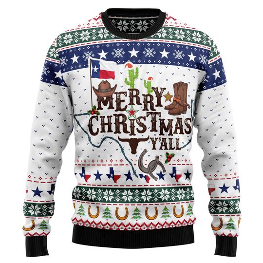 Merry Christmas Y'all Texas Ugly Christmas Sweater, Cowboy Boots Hat Cactus