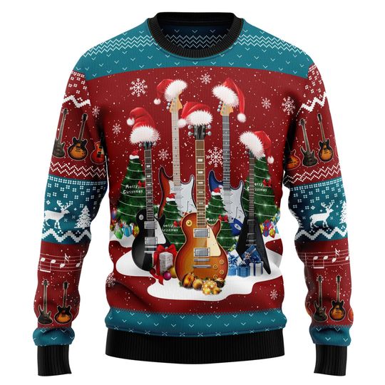 Ugly Christmas Sweater, Electric Guitar Music Lover, Santa Hat Holiday Pullover