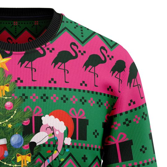 Flamingo Christmas Tree Ugly Christmas Sweater, Tropical Holiday Tree Pullover