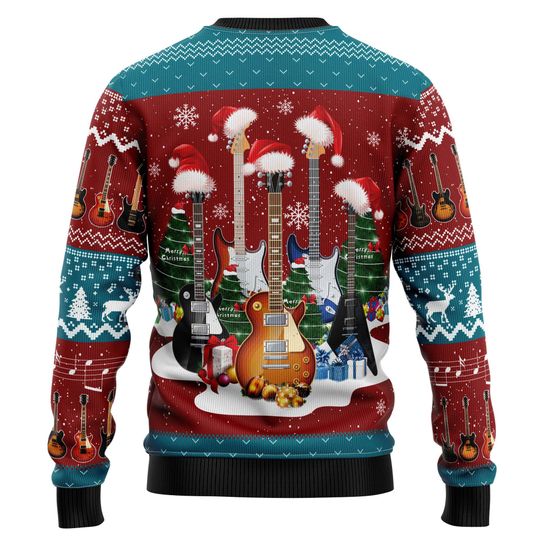 Ugly Christmas Sweater, Electric Guitar Music Lover, Santa Hat Holiday Pullover