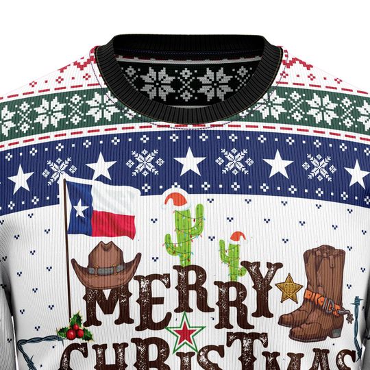 Merry Christmas Y'all Texas Ugly Christmas Sweater, Cowboy Boots Hat Cactus
