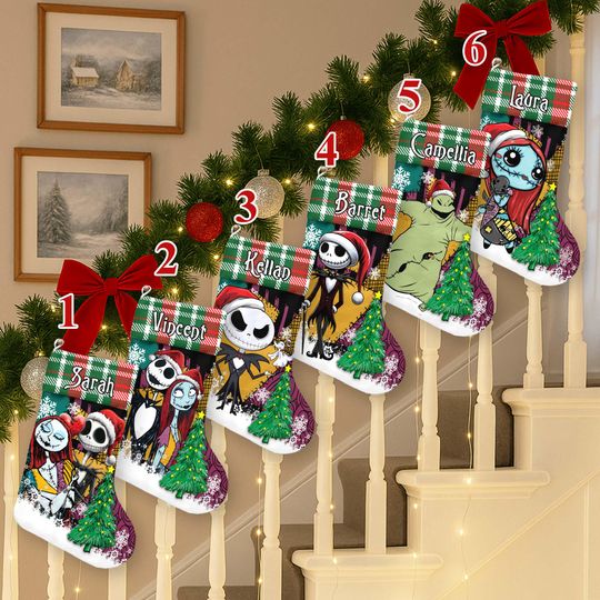 Personalized The Nightmare Before Christmas Xmas Stocking, Jack Skellington Santa Hat Christmas Stockings, Sally Doll Socks Home Decoration