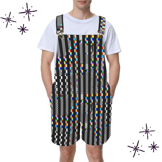 Glitch Stripe Shortie Overalls, Rave Scene Clowncore Scene Scenecore Jumpsuit Clown Pants Dungaree Shorts