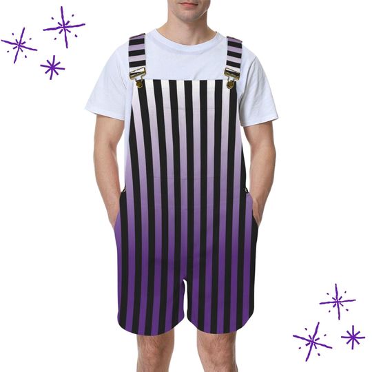 Dusk Purple Black Stripe Shortie, Nonbinary Clowncore Jester Jumpsuit Clown Pants Dungaree Shorts