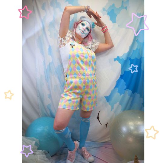 Dreamy Marshmallow Harlequin Shortie, Nonbinary Clowncore Jester Jumpsuit Clown Pants Dungaree Shorts