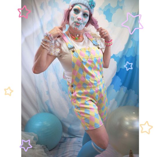 Dreamy Marshmallow Harlequin Shortie, Nonbinary Clowncore Jester Jumpsuit Clown Pants Dungaree Shorts