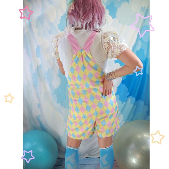 Dreamy Marshmallow Harlequin Shortie, Nonbinary Clowncore Jester Jumpsuit Clown Pants Dungaree Shorts