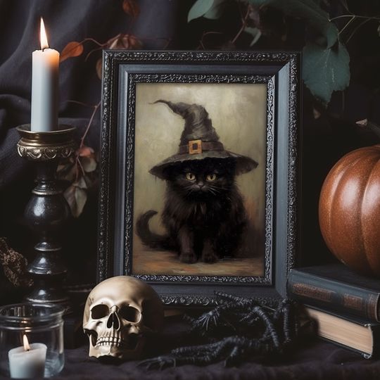 Halloween Wall Art Printable Vintage Halloween Rustic Halloween Decor Cute Black Cat