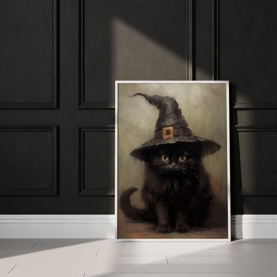 Halloween Wall Art Printable Vintage Halloween Rustic Halloween Decor Cute Black Cat