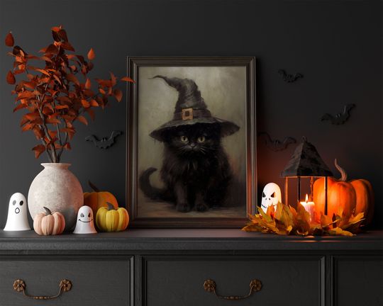 Halloween Wall Art Printable Vintage Halloween Rustic Halloween Decor Cute Black Cat