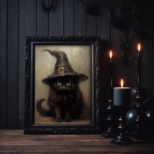 Halloween Wall Art Printable Vintage Halloween Rustic Halloween Decor Cute Black Cat