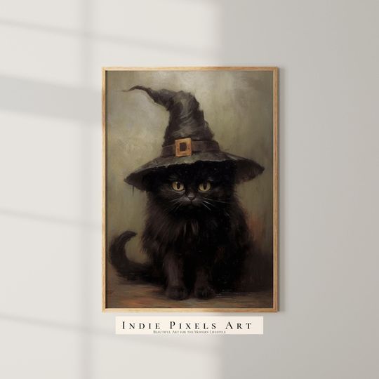 Halloween Wall Art Printable Vintage Halloween Rustic Halloween Decor Cute Black Cat
