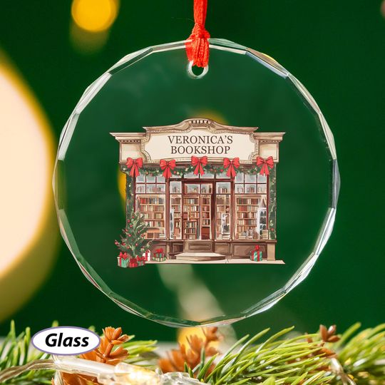 Custom Kawaii Christmas Bookshop Suncatcher, Book Store With Red Bows Ornament, Xmas Reading Nook Decor, Xmas Gift For Mom Girlfriend MYK235