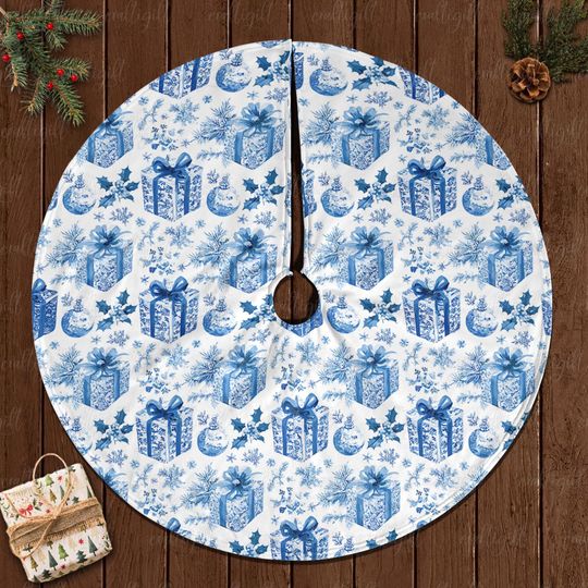 Blue Gift Box Holiday Tree Skirt, Snowflake And Gift Tree Skirt, Winter Wonderland Blue Tree Skirt, Christmas Tree Skirt Home Decor, MYJ875