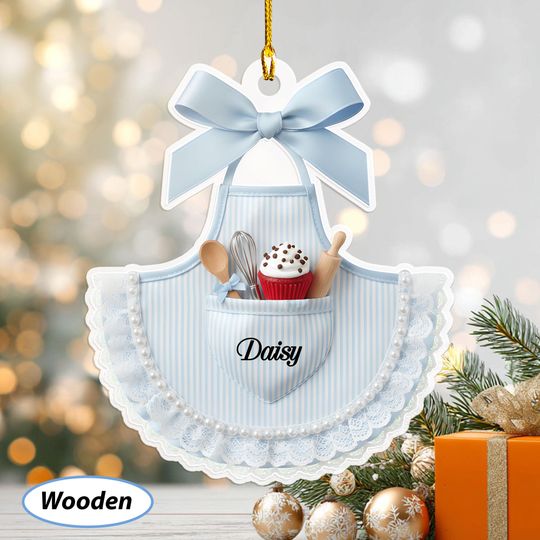 Custom Name Blue Girly Apron Ornament, Baking Christmas Ribbon Ornament, Housewife Holiday Keepsake, Sweet And Dessert Lover Present, MYK355
