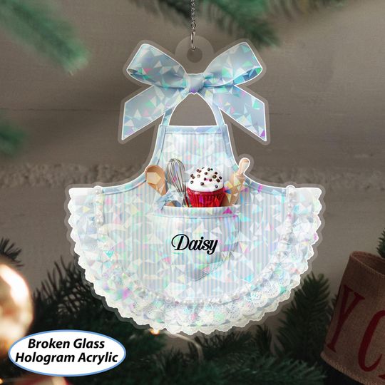 Custom Name Blue Girly Apron Ornament, Baking Christmas Ribbon Ornament, Housewife Holiday Keepsake, Sweet And Dessert Lover Present, MYK355