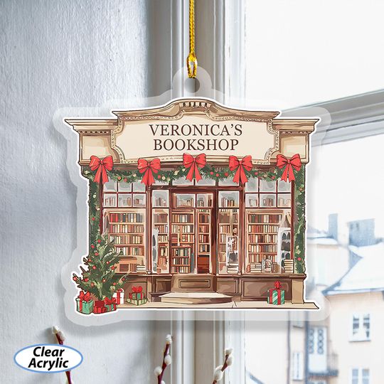 Custom Kawaii Christmas Bookshop Suncatcher, Book Store With Red Bows Ornament, Xmas Reading Nook Decor, Xmas Gift For Mom Girlfriend MYK235