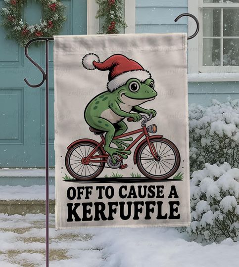 Off To Cause A Kerfuffle Frog Flag, Mental Health Frog Santa Hat Flag, Funny Weirdcore Meme Yard Decor, Christmas Whimsical Adventure Flag
