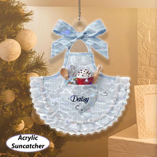 Custom Name Blue Girly Apron Ornament, Baking Christmas Ribbon Ornament, Housewife Holiday Keepsake, Sweet And Dessert Lover Present, MYK355