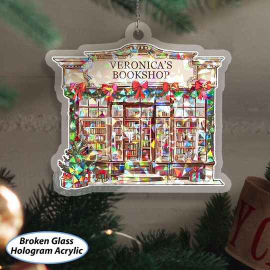 Custom Kawaii Christmas Bookshop Suncatcher, Book Store With Red Bows Ornament, Xmas Reading Nook Decor, Xmas Gift For Mom Girlfriend MYK235