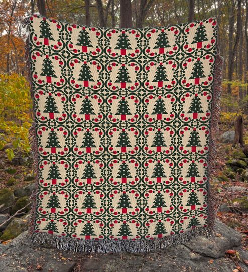 Rustic Cabin Christmas Tree Soft Blanket, Nordic Christmas Tree Blanket, Winter Forest Tree Blanket, Elegant Holiday Patchwork Throw, VTB306