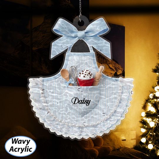 Custom Name Blue Girly Apron Ornament, Baking Christmas Ribbon Ornament, Housewife Holiday Keepsake, Sweet And Dessert Lover Present, MYK355