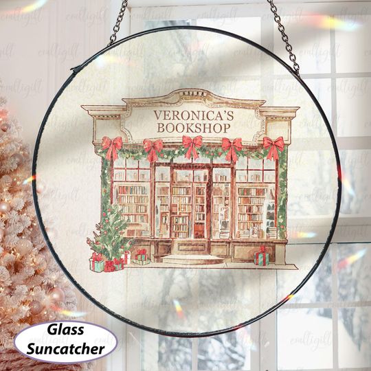 Custom Kawaii Christmas Bookshop Suncatcher, Book Store With Red Bows Ornament, Xmas Reading Nook Decor, Xmas Gift For Mom Girlfriend MYK235