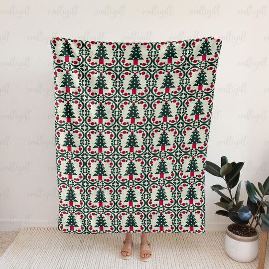 Rustic Cabin Christmas Tree Soft Blanket, Nordic Christmas Tree Blanket, Winter Forest Tree Blanket, Elegant Holiday Patchwork Throw, VTB306