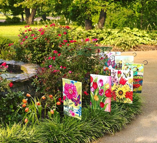 Vintage Christmas Home Garden Flag, Golden Tree Holiday Scene Flag, Merry & Bright Christmas Flag, Cozy Fireplace Holiday Scene Flag, MYK124