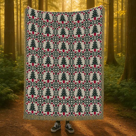 Rustic Cabin Christmas Tree Soft Blanket, Nordic Christmas Tree Blanket, Winter Forest Tree Blanket, Elegant Holiday Patchwork Throw, VTB306