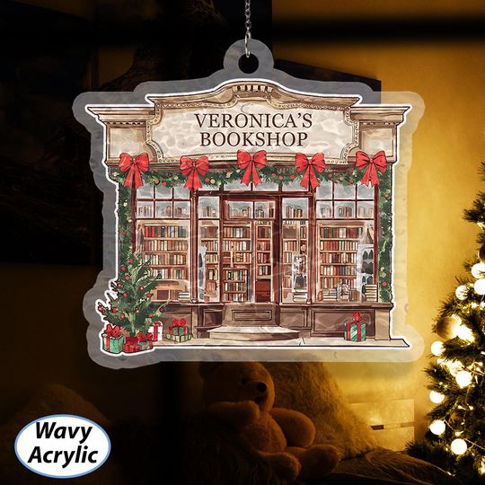 Custom Kawaii Christmas Bookshop Suncatcher, Book Store With Red Bows Ornament, Xmas Reading Nook Decor, Xmas Gift For Mom Girlfriend MYK235