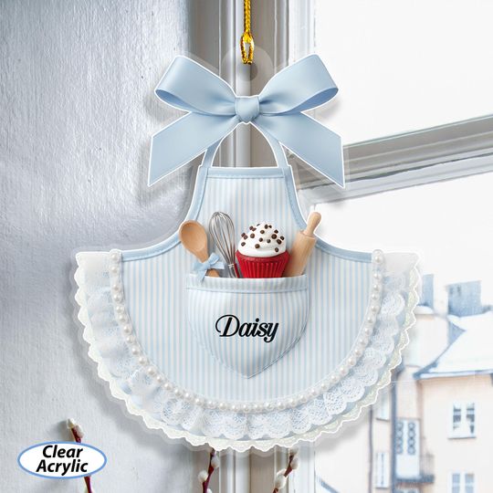 Custom Name Blue Girly Apron Ornament, Baking Christmas Ribbon Ornament, Housewife Holiday Keepsake, Sweet And Dessert Lover Present, MYK355