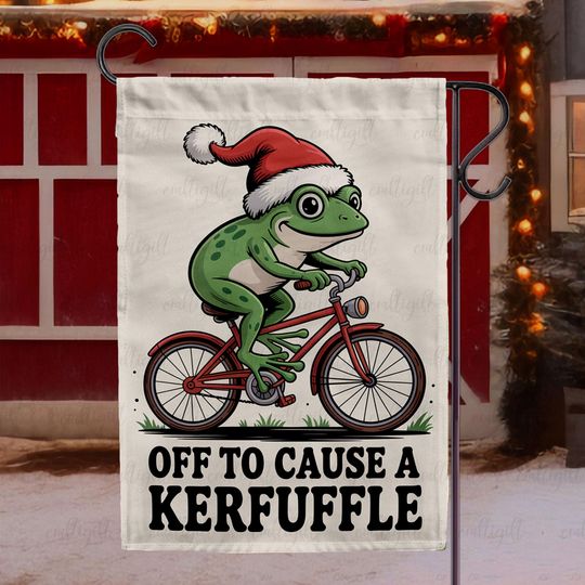 Off To Cause A Kerfuffle Frog Flag, Mental Health Frog Santa Hat Flag, Funny Weirdcore Meme Yard Decor, Christmas Whimsical Adventure Flag