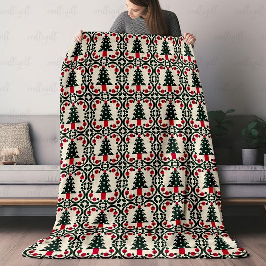 Rustic Cabin Christmas Tree Soft Blanket, Nordic Christmas Tree Blanket, Winter Forest Tree Blanket, Elegant Holiday Patchwork Throw, VTB306