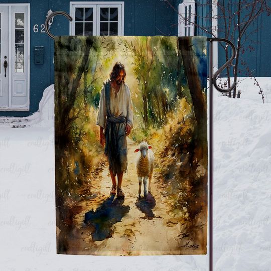 Jesus With Lamb Yard Flag, Inspirational Faith House Flag, Peaceful Religious Holiday Porch Flag, Good Shepherd Christian Decor Flag, MYC850