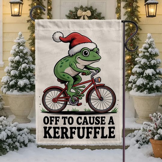 Off To Cause A Kerfuffle Frog Flag, Mental Health Frog Santa Hat Flag, Funny Weirdcore Meme Yard Decor, Christmas Whimsical Adventure Flag