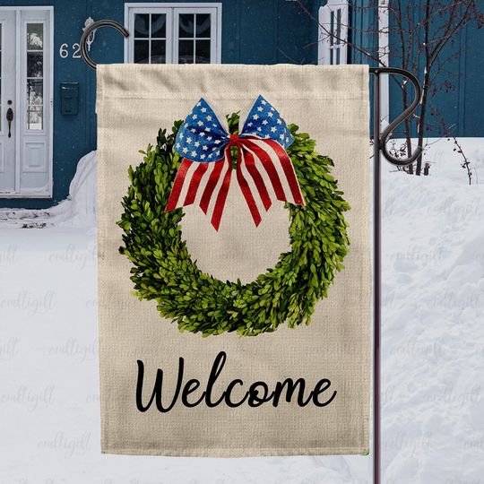 Rustic Welcome American Wreath Flag, Decorative Welcome Door Flag, Memorial Day Patriotic Yard Flag, Everyday Welcome Garden Decor, MYJ942